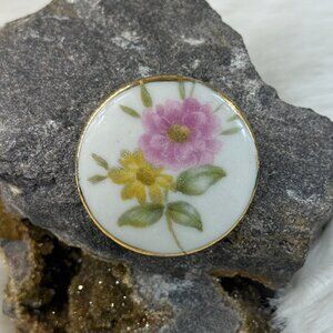 Vintage Porcelain English Chintz Floral Ceramic Brooch Pin Gold Rim